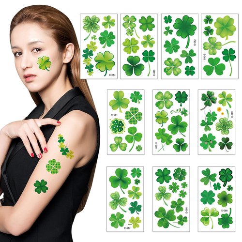 St Patricks Day Tattoo Stickers 10 Sheets Shamrock Temporary Tattoos St Patrick's Day Lucky Shamrocks Fake Tattoos Irish Saint Patricks Day Face Tattoos Stickers for Kids Adults Makeup Art Supplies