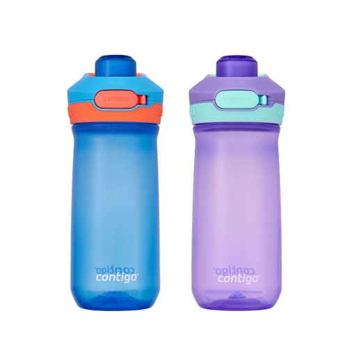 Contigo Jessie Kids Water Bottle with Leak-Proof Lid, 14oz Dishwasher-Safe Kids Water Bottle, Fits Most Cup Holders, 2-Pack Blue Poppy/Coral & Amethyst/Jade