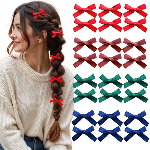 DRIPPYGOODS - 24 PCS Small Hair Ribbon Bow Clips for Women, Girls, Teens, Toddlers, Fall Winter Holiday Red Blue Green Brown Coquette Barertte Hair Clips Accessories