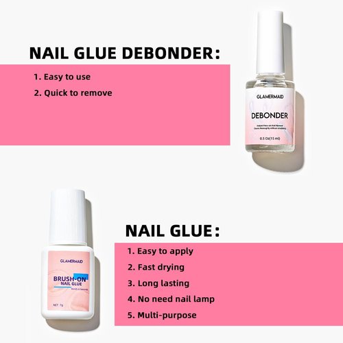 GLAMERMAID 2Pcs/Set Super Strong Nail Glue Remover for Press on Nails with Nail Glue Debonder Kit, Nail Glue with Brush for Nails Tip & Nail Glue Remover Glue off for Acrylic False Nails