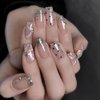 ANDGING Coffin Press on Nails Short Medium Silver French Tip Fake Nails Glue on Nails with Bling Rhinestone Design Acrylic False Nails for Wedding Gel Women Manicure Stick on Nail with Glue ADY88R