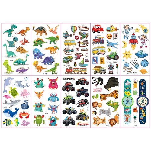 10 Sheets Tattoos for Kids, Mixed Styles Cartoon Temporary Tattoos Stickers with Dinosaur/Cars/Astronauts/Sea Animals/Monsters/Trucks/Cartoon Watch/Space for Boys and Girls Birthday Games for Party