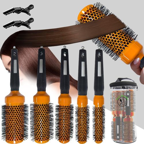 5pcs Round hair Brush Set for Blow Drying Curling, Professional curly hair brushBrush Leaves Hair Shiny Heat Styling Brush 5 Different Sizes Works Very Well with The Blow Dryer