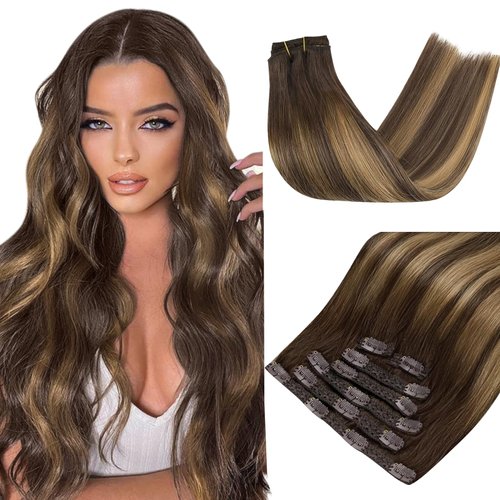 Slinsmei Clip in Hair Extensions Real Human Hair Chocolate Brown to Caramel Blonde Color Clip in Hair Extensions 120g