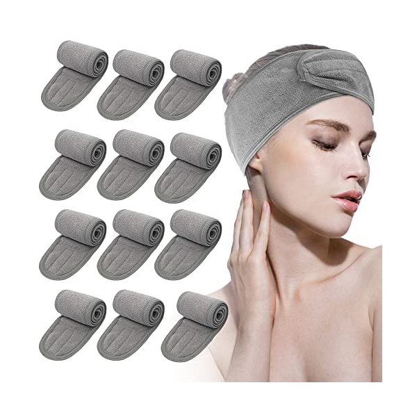 Leaflai Spa Headband, 4Pcs Make Up Wrap Head Terry Cloth Headbands with Adjustable Magic Tape Non-slip Stretchable Sport Towel for Woman Face Washing, Bath, Makeup, and Sport (12Pcs Gray)