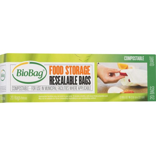BioBag 100% Certified Compostable Resealable Food Storage Bags, 20 Count, Quart, Perfect for Refrigerator