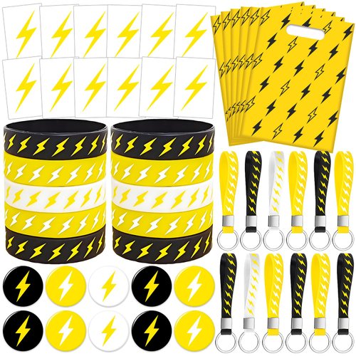 Lcnjscgo 60 PCS Lightning Bolt Party Favors Temporary Tattoos, Silicone Bracelets, Badges, Keycha...