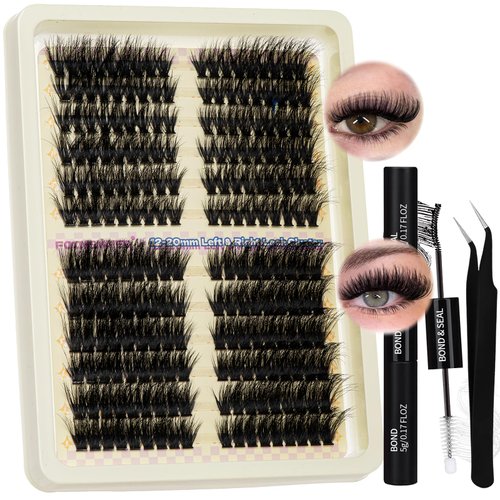 Fluffy Lash Clusters Kit 12-20mm Left/Right Lash Extension Kit 60D+80D Cat Eye Cluster Lashes Thick Long Lash Clusters Eyelash Extension Kit with Lash Bond and Seal and Lash Tweezers
