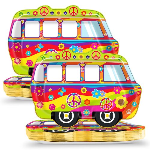 CHUNNIN 50Pcs 60’s Party Hippie Bus Paper Plates 60s Groovy Party Supplies Retro Groovy Party Dinner Plates Hippie Themed Peace Bus Disposable Plates for Retro 60s 70s Birthday Party Decorations