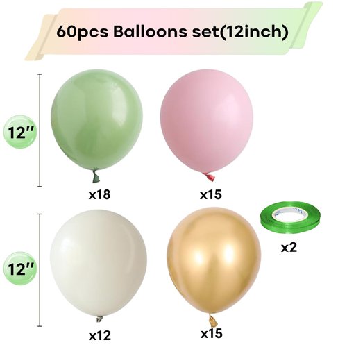 Sage Green Pink Balloon, 60 Packs 12 Inch Olive Green Pink Balloon with Sand White Metallic Gold Balloons for Girls Baby Shower Birthday Jungle Safari Woodland Party Decorations