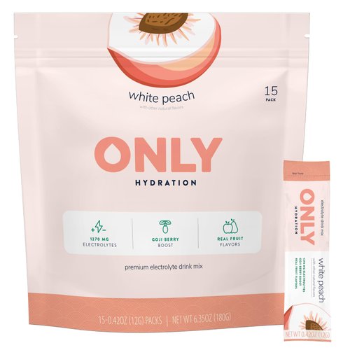 ONLY Hydration White Peach 1270mg Electrolyte Powder - 3g Sugar - Monk Fruit Sweetener - No Artificial Flavors - Superfood Goji Berry - Vitamins C, B6, B12 - On-the-Go Sticks - 1 Pack (15 Packets)
