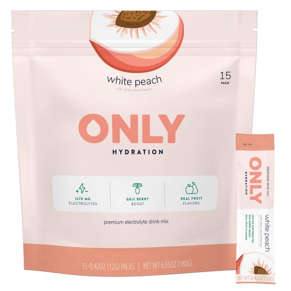 ONLY Hydration White Peach 1270mg Electrolyte Powder - 3g Sugar - Monk Fruit Sweetener - No Artificial Flavors - Superfood Goji Berry - Vitamins C, B6, B12 - On-the-Go Sticks - 1 Pack (15 Packets)