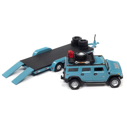 2004 H2 Ocean Blue with Open Trailer Limited Edition to 6012 Pieces Worldwide Truck and Trailer Series 1/64 Diecast Model Car by Johnny Lightning JLBT014-JLSP202B