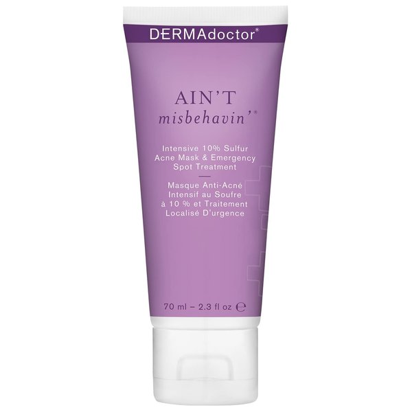 DERMAdoctor Ain't Misbehavin' Dermatologist Approved 10% Sulfur Acne Treatment Mask & Acne Spot Treatment, Clears Up Acne Blemishes | Allergy Tested, Hypoallergenic, Non Irritating - 2.3 fl oz
