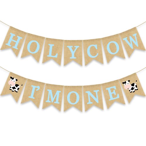 Gankbite Holy Cow I'm One Banner Farm 1st Birthday Party Decoration Barnyard Burlap Garlands Western Boy First Birthday Supplies Blue