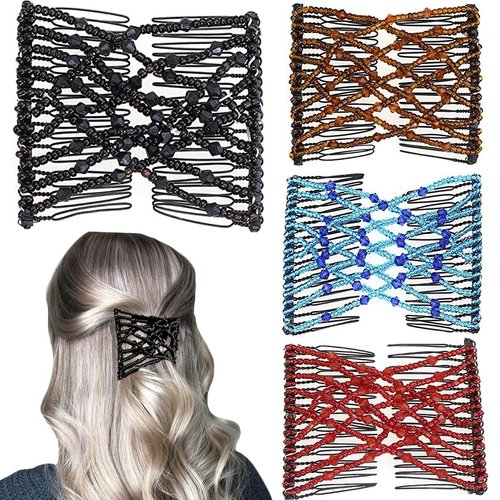 4 Pieces Elastic Magic Hair Comb Clips Stretchy Double Comb Hair Forks for Women Girls Vintage Hairstyle Multipurpose Hair Accessories (Beads Style)