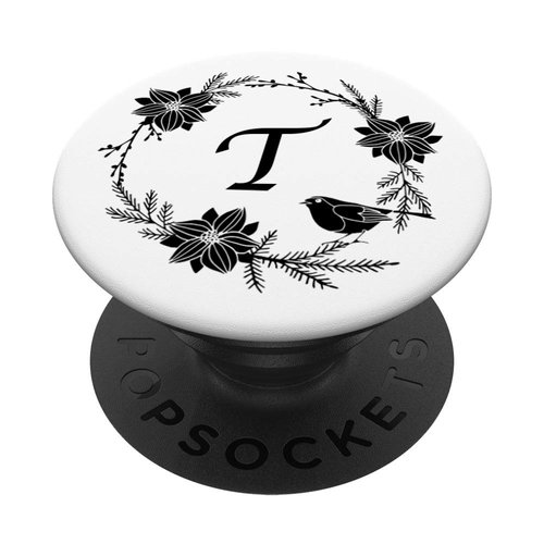 Cell Phone Pop Out Holder,Black and White Floral Letter T PopSockets Grip and Stand for Phones and Tablets