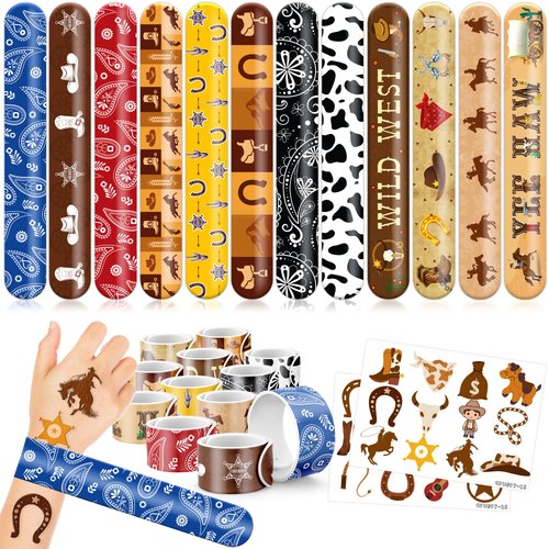 48PCS Cowboy Party Favors 24PCS Tattoos 24PCS Slap Bracelets Wristbands Themed Birthdays Party Supplies Decorations Decor Cool Western Rodeo Pattern Girls Boys Gifts School Classroom Prize Reward