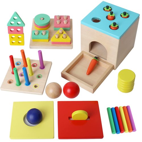 BESTAMTOY Wooden Montessori Toy for 1+ Year Old, Shape Sorter,Object Permanence Box, Coin Carrot Harvest, Toddler Learning Kid Age 1, 2, 3 Girl boy Gift Baby 6-12 Month