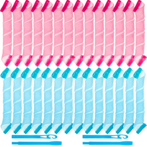 28 Pieces Heatless Curlers No Heat Spiral Curls Soft Hair Curlers Styling Kit with 2 Pieces Styling Hooks for Most Kinds of Hairstyles (Pink and Blue, 30 cm)