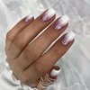 White Press on Nails Medium Square 24Pcs Artificial Glossy Fake Nails with Gradient Purple Glitter Designs Full Cover Coffin False Nails Glue Stick on Nails Fingernails with Charm for Women Girls