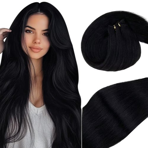Vivien Black Weft Hair Extensions Real Human Hair Sew in Weft Hair Extensions Remy Weft Hair Extensions for Women #1 16 Inch 100 Grams
