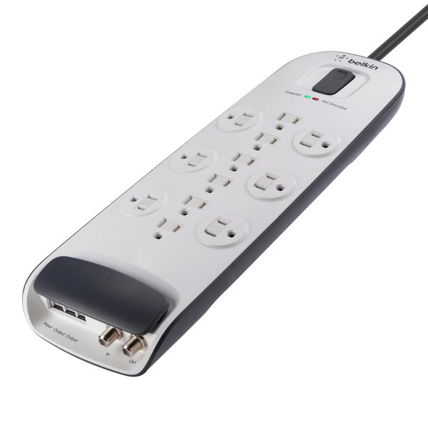 Belkin Power Strip Surge Protector - 12 AC Multiple Outlets, Ethernet & Cable Protection - 8 ft Long Extension Cord for Home, Office, Travel, Computer Desktop & Phone Charger - 3996 Joules, White