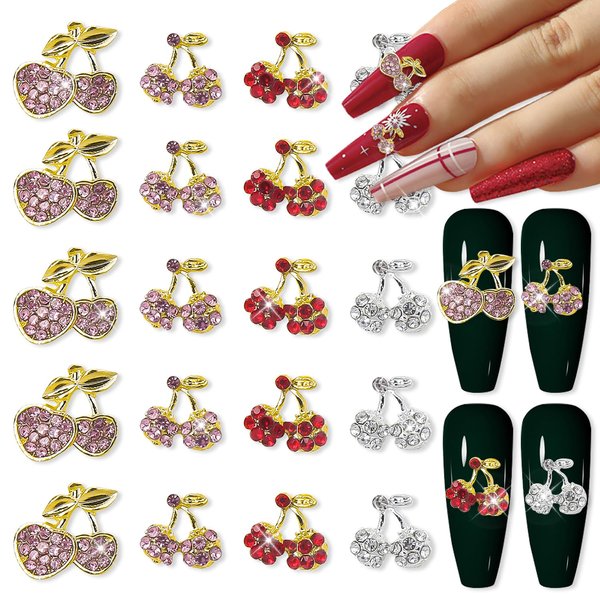 JERCLITY 20pcs 3D Cherry Nail Charms Gold Silver Cherry Charms for Nails Cherry Nail Rhinestones Nail Art Shiny Gems Cute Fruit Nail Rhinestones Jewelry Making Nail Art Accessories for Women