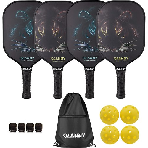 OLANNY Pickle Ball Raquette Set of 4 Lightweight Pickleball Paddle Set Premium Comfort Grip Polymer Honeycomb Core Set of Four Paddles,4 Replacement Soft Grip,4 Balls & Drawstring Bag