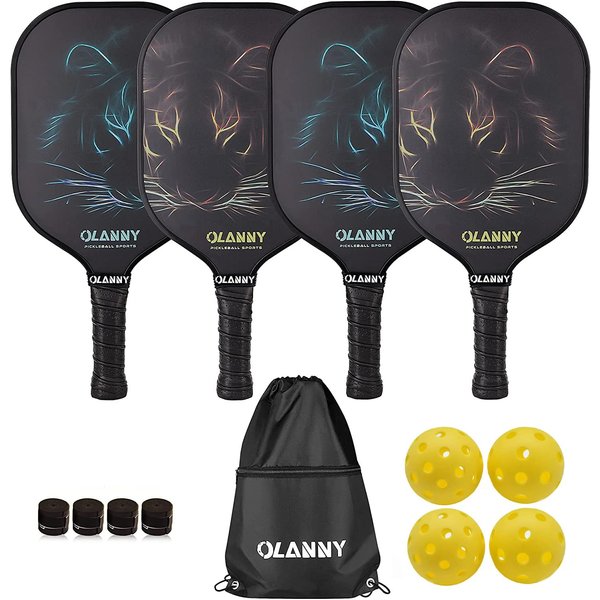 OLANNY Pickle Ball Raquette Set of 4 Lightweight Pickleball Paddle Set Premium Comfort Grip Polymer Honeycomb Core Set of Four Paddles,4 Replacement Soft Grip,4 Balls & Drawstring Bag