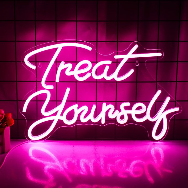 Wanxing Treat Yourself Neon Signs Pink Led Sign for Bedroom Wall Letter Neon Lights Wedding Signs Neon Room Decor for Birthday Gift Party Home Decor Bar