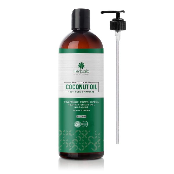Fractionated Coconut Oil 16oz with Pump – Pure Cold Pressed Treatment for Hair, Scalp Skin and Nails, Grade A 100% Natural Coconut Oil, Food Grade