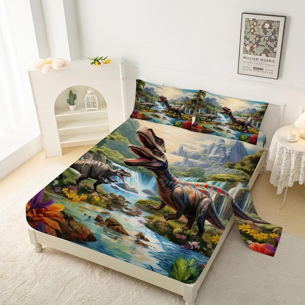 VTKON Dinosaur Kids Sheets Set Twin Size Cute Dinosaur Room Decor for Boys Room Soft Toddler Bed Sheets for Boys Kids Twin Dinosaur Bedding Set Includes 1 Flat Sheet + 1 Fitted Sheet + 1 Pillowcase