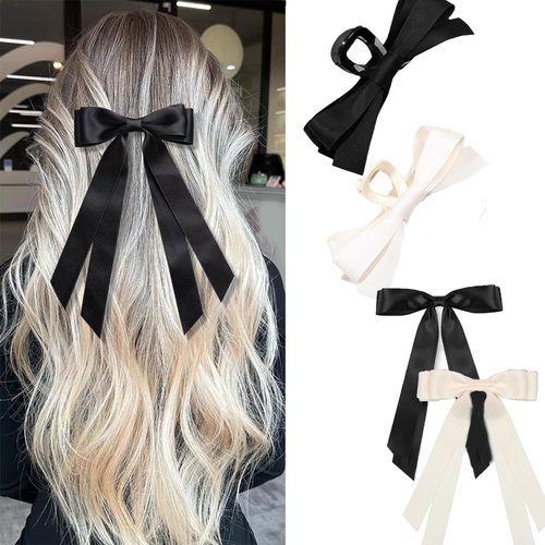 Zeamyhy 4PCS Hair Bows for Women, Silky Satin Hair Bows with Bow Clip, Bow Claw Clip for Thick Thin Hair, Hair Accessories for Valentine's Gifts (White, Black, Rice White+Black)