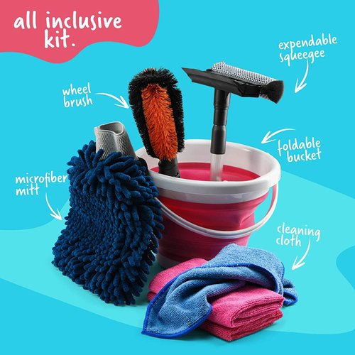 Kids Car Wash Activity Kit – 7 Kid-Sized Carwash Accessories Gifts for Boys & Girls Ages 5 6 7 8-10 - Outdoor Fun Toys – Set Includes Bucket, Squeegee, Microfiber Mitt, Wheel Brush, 3 Cleaning Cloths