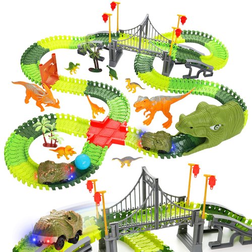 BEMITON Dinosaur Toys Race Car Track, Create a Dinosaur World Road Race, Flexible Dinosaur Track Toys Set, Christmas Birthday Gifts for 3 4 5 6 7 Years Old Boys Girls Kids