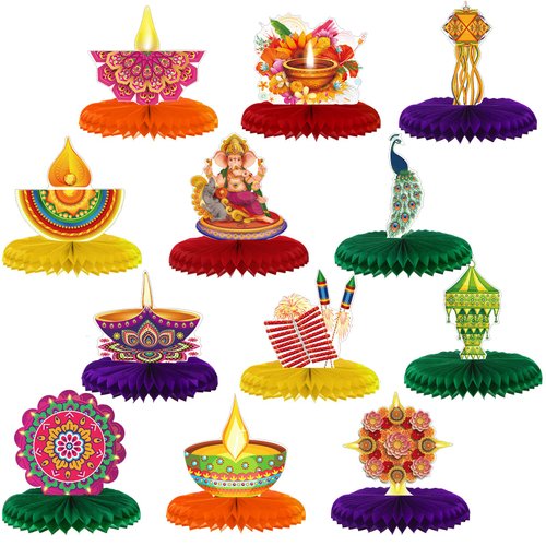 12 Pieces Diwali Decorations Happy Diwali Honeycomb Centerpieces Table Toppers for Home Diwali In...