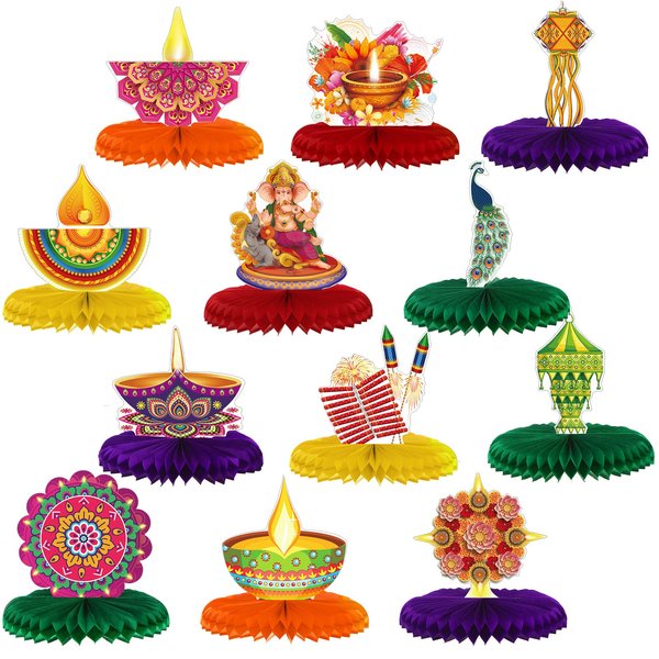 12 Pieces Diwali Decorations Happy Diwali Honeycomb Centerpieces Table Toppers for Home Diwali Indian Style Party Supplies Decorations