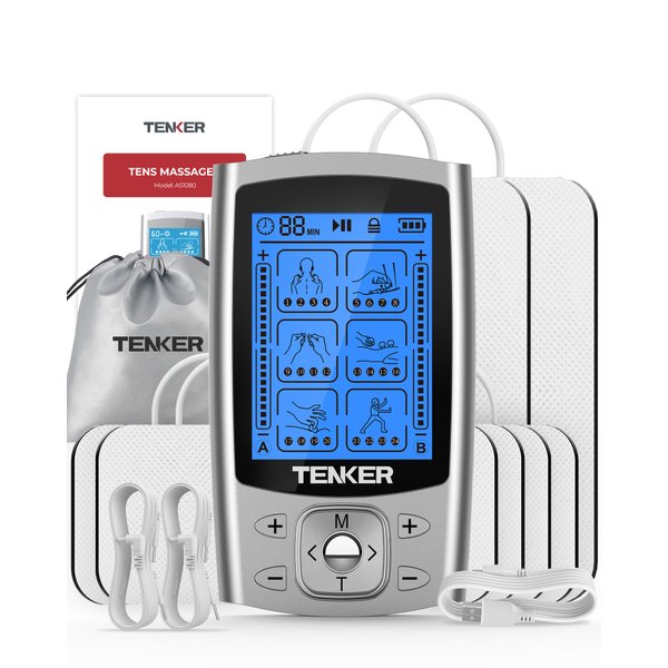 TENKER EMS TENS Unit Muscle Stimulator, 24 Modes Dual Channel Electronic Pulse Massager for Pain Relief/Management & Muscle Strength Rechargeable TENS Machine with 8 Pcs Electrode Pads