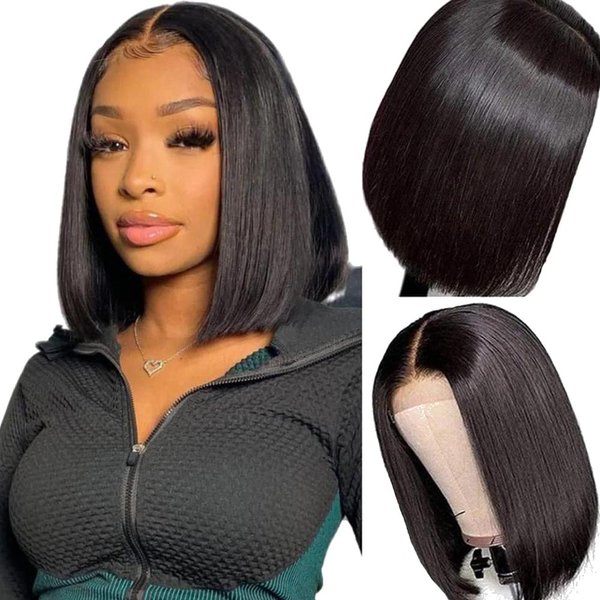 Bob Wig Human Hair 4x4 Lace Closure Wigs Human Hair Short Straight Bob Human Hair Wigs for Black Women Pre Plucked Hairline with Baby Hair 150 Density Glueless Lace Closure Wig(8”Natural Color)