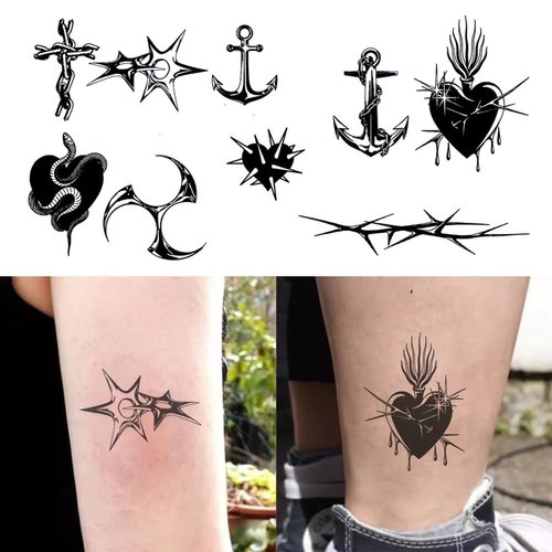 Oottati 2 Sheets Small Tiny Temporary Tattoo Stickers Black Heart Anchor Snake Darts Throns suit for Neck Hand Finger