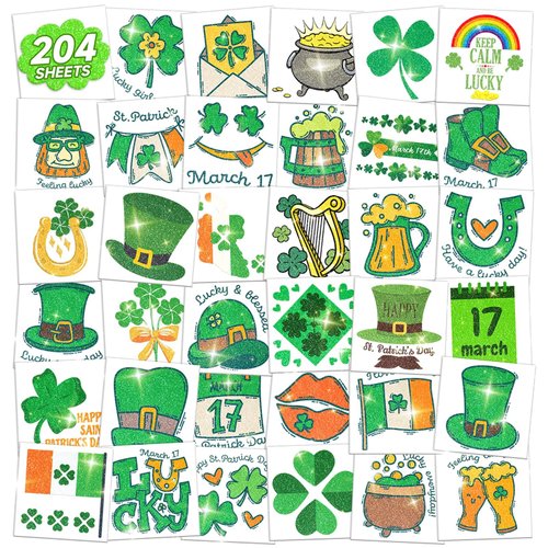 EMOME 204 Sheets Individually Wrapped Shamrock Glitter Tattoos Stickers, Irish Stickers for St Patricks Day Decorations Accessories, St Patricks Day Glitter Temporary Tattoos for Party Favors Supplies