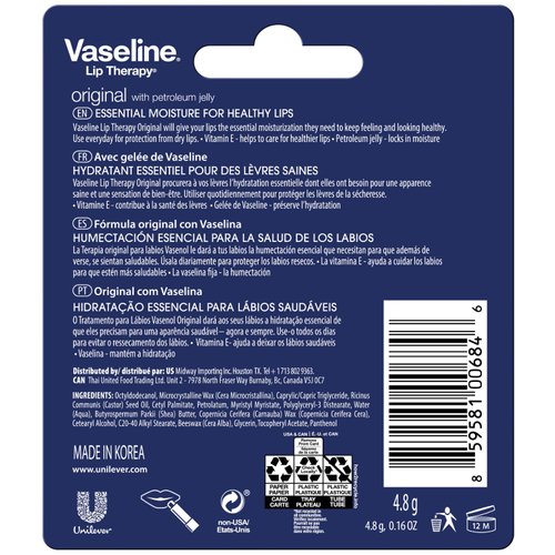 Vaseline Lip Therapy Original, Fast-Acting Lip Moisturizer For Very Dry Lips, Lip Balm Stick, 0.16 Oz Ea (Pack of 12)