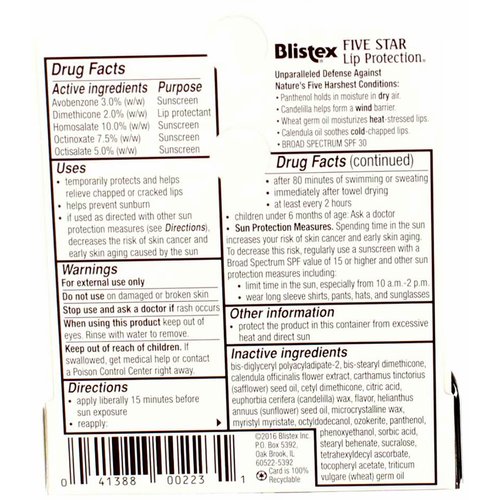 Blistex Five Star Lip Protection Lip Protectant/Sunscreen SPF 30 - 24 ct