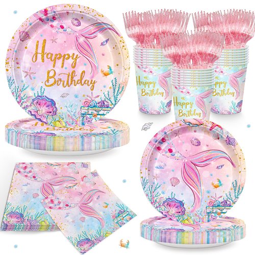 JVORFDG 120Pcs Mermaid Birthday Party Plates Under the Sea Ocean Paper Disposable Tableware Set for Girls Kids Birthday Party Decorations Serve 24