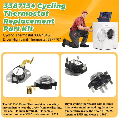 Upgraded 3387134 Cycling Thermostat 3977393 & 3392519 Dryer Thermal Fuse 3977767 High Limit Thermostat Replacement Part Kit by Techecook - Compatible for Whirlpool Kenmore Dryer