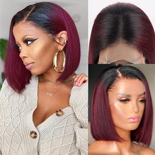 RQY 1B Burgundy Bob Wig Human Hair, 13x4 Frontal Lace Wig Short Straight Bob Wigs for Women Human Hair Pre Plucked Natural Hairline Ombre Burgundy Wig 8inch