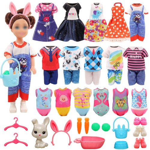 Miunana for 4-6 Inch Girl Doll Clothes and Skirts 5.3 Inch Girl Doll Swimsuits and Doll Shoes with Doll Clothes Hanger and Dollhouse Rabbit Pet Kit 25 PCS Random Clothes for Girl Doll
