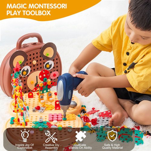 Kaxanpi Magic Montessori Play Toolbox, 204Pcs Creativity Tool Box with Drill Screwdriver Toy Set, Bear Creativity Tool Box for Kids