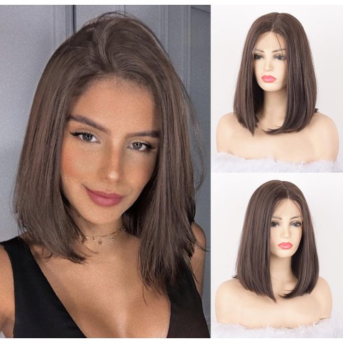 vedar Brown Short Wigs for Afros, Synthetic Hair Glueless Lace Front Wigs, Short Bob Wig, Middle Part Short Straight Bob Wigs with Baby Hair, 16 inch VEDAR-028-12